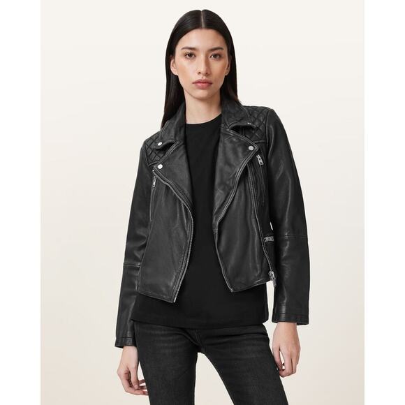 All Saints Distressed Leather Asymmetrical Zip Biker Jacket Black  Sz 0 - Picture 1 of 13